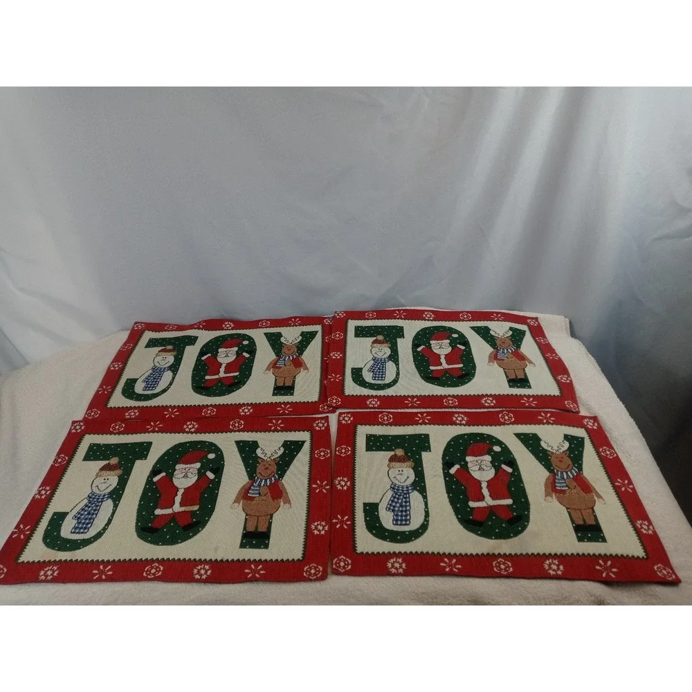 Holiday JOY Placemats Set of 4 Snowman‎ Santa Reindeer Christmas Decor